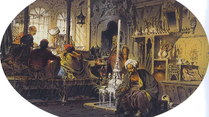 Vintage painting on purple wall depicting historical interior scene